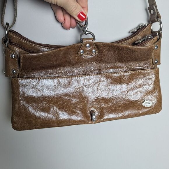 90s Leather Shoulder Bag, Shiny Light Brown Tan, The Trend Italy, Multiple Zippe - Picture 4 of 12